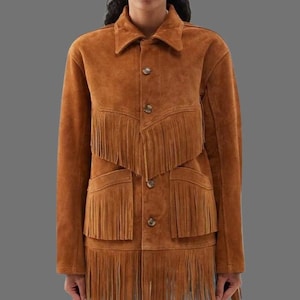 Women&#39;s Vintage Suede Leather Jacket - Ladies Fringed Suede Leather Jacket - Stylish Fringe Jacket/Coat - Tan Suede Western Fringe Jacket