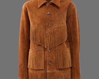 Jaqueta de couro camurça com franjas vintage - estilo western bege