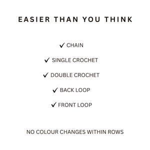 May include: A white graphic with black text that reads EASIER THAN YOU THINK followed by a checklist of crochet terms: CHAIN, SINGLE CROCHET, DOUBLE CROCHET, BACK LOOP, and FRONT LOOP, ending with the text NO COLOUR CHANGES WITHIN ROWS.