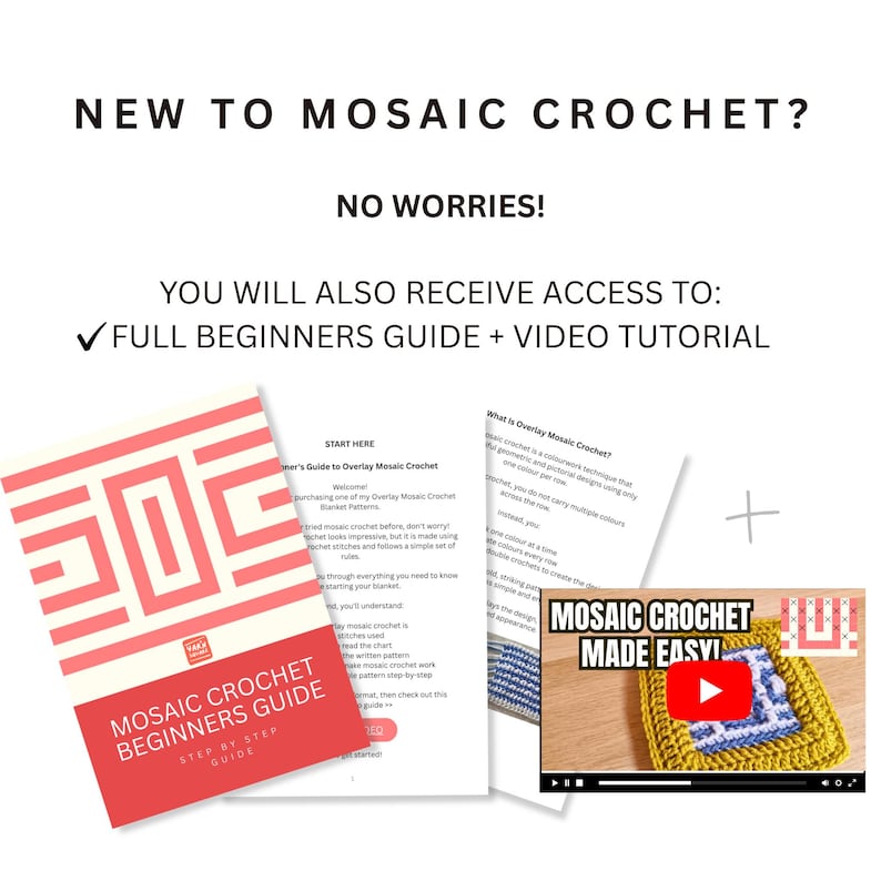 May include: A digital guide for mosaic crochet featuring a pink and white cover with the text 'MOSAIC CROCHET BEGINNERS GUIDE'. The document includes a step-by-step guide and a video tutorial thumbnail titled 'MOSAIC CROCHET MADE EASY!' with a red play button.