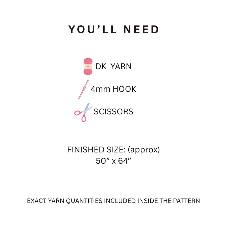May include: A list of required items for a project featuring the text YOU'LL NEED, followed by icons for pink DK yarn, a 4mm hook, and scissors. It states a finished size of 50 inches by 64 inches and notes that exact yarn quantities are inside.