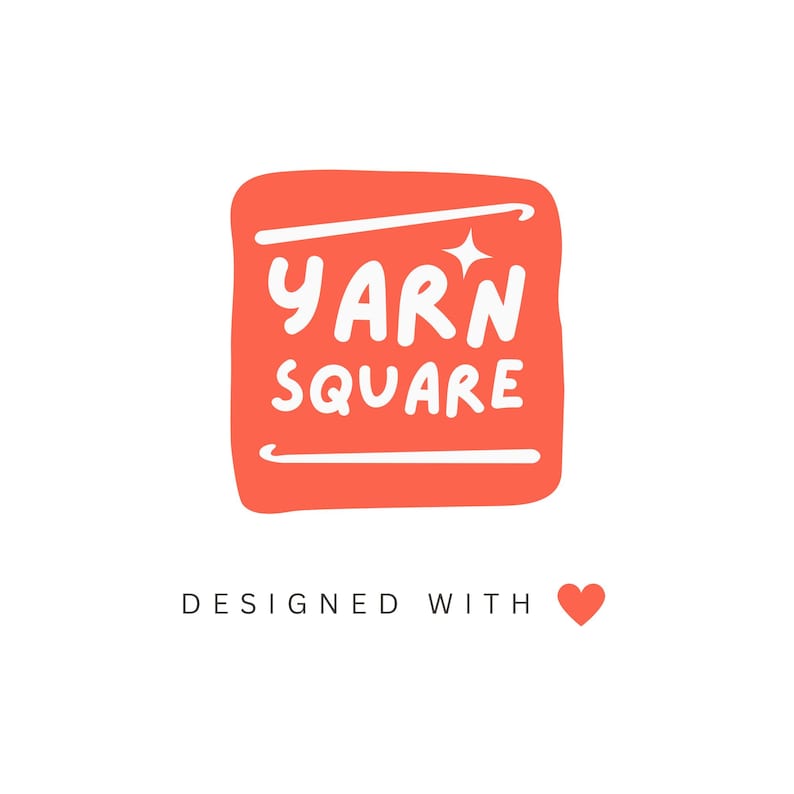 May include: A square logo featuring a coral-colored background with white text that reads YARN SQUARE. The text is framed by two white horizontal lines resembling crochet hooks. Below the square, the text reads DESIGNED WITH a red heart.