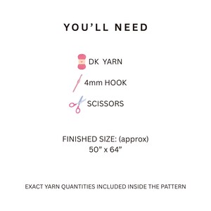 May include: A list of supplies titled YOU'LL NEED, featuring a pink yarn icon for DK YARN, a pink 4mm HOOK icon, and a blue and pink SCISSORS icon. The text states FINISHED SIZE: (approx) 50" x 64" and EXACT YARN QUANTITIES INCLUDED INSIDE THE PATTERN.