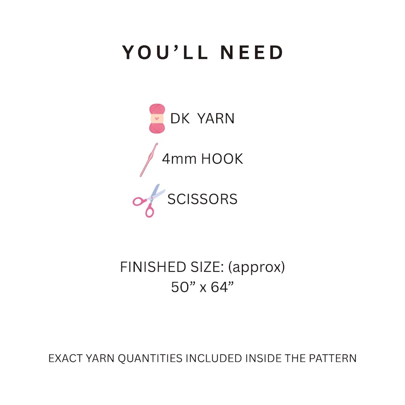May include: A list of supplies titled YOU'LL NEED, featuring a pink yarn icon for DK YARN, a pink 4mm HOOK icon, and a blue and pink SCISSORS icon. The text states FINISHED SIZE: (approx) 50" x 64" and EXACT YARN QUANTITIES INCLUDED INSIDE THE PATTERN.
