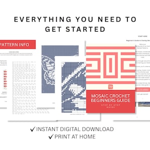 May include: A digital mosaic crochet pattern guide featuring multiple pages with text, charts, and diagrams. The cover displays the text MOSAIC CROCHET BEGINNERS GUIDE in white on a red background with a geometric pattern above the title.