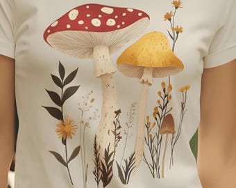 キノコモチーフTシャツ：コテージコア風キノコイラスト、綿100％