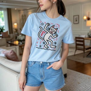 Keith Haring inspired cat, abstract cat line drawing, colorful cat art gift, artistic feline shirt, fun cat tee design