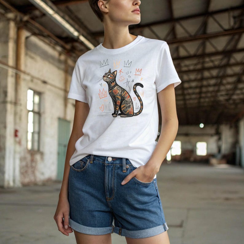 Basquiat cat art shirt, artistic cat design, cat art piece, colorful cat drawing, gift for cat lovers