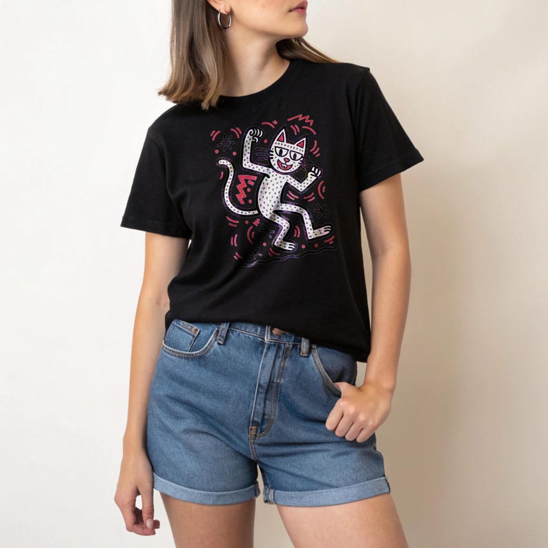 whimsical cat art, Keith Haring cat illustration, cat line drawing, modern cat shirt, abstract feline sketch