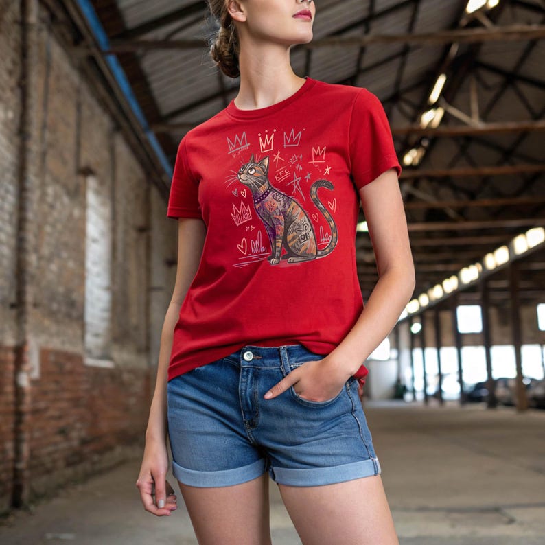 artful cat design, Basquiat cat print, famous artist cat, colorful line art t-shirt, cat art tee