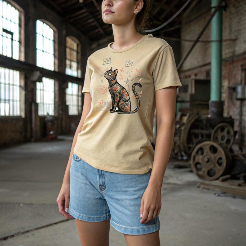 Basquiat inspired cat, abstract cat line drawing, colorful cat art gift, artistic feline shirt, fun cat tee design