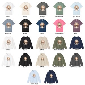 May include: A collection of t-shirts, sweatshirts, and hoodies in various colors, including white, black, and navy. Each garment features a dog portrait with the text "Sakuki Fast Kustomized".