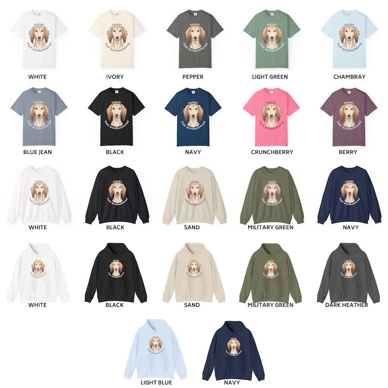 May include: A collection of t-shirts, sweatshirts, and hoodies in various colors, including white, black, and navy. Each garment features a dog portrait with the text "Sakuki Fast Kustomized".