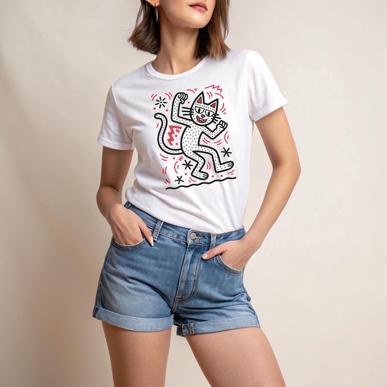 Keith Haring cat art shirt, artistic cat design, cat art piece, colorful cat drawing, gift for cat lovers