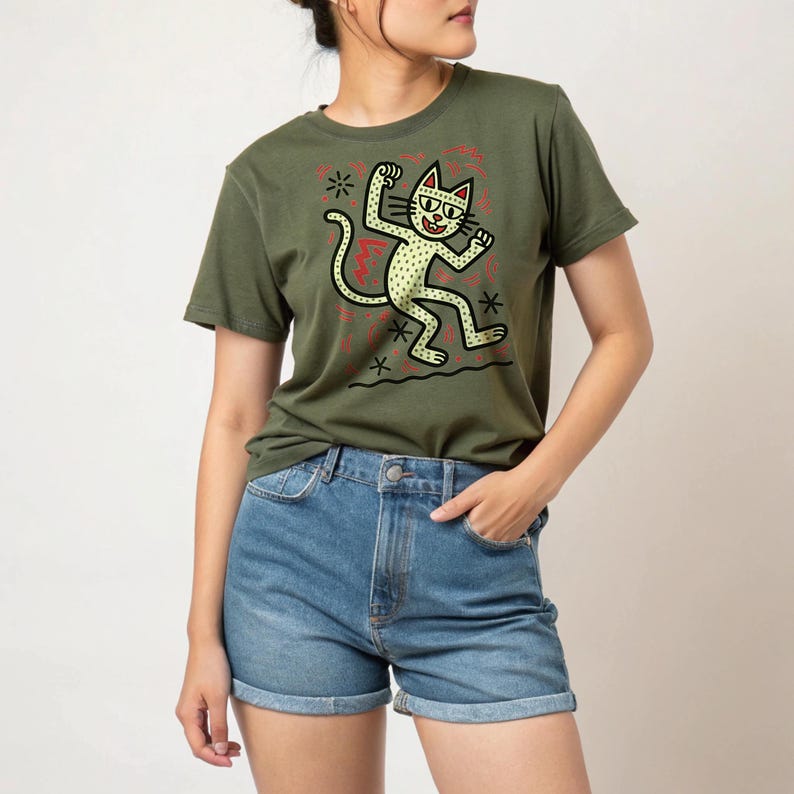 vibrant cat art, hand drawn cat sketch, floral cat shirt, artistic tee for cat lovers, cat fashion design