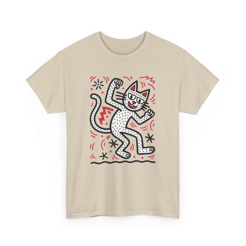 Keith haring inspired art shirt | Doodle style feline | artful cat T-shirt | urban cat tee Sand