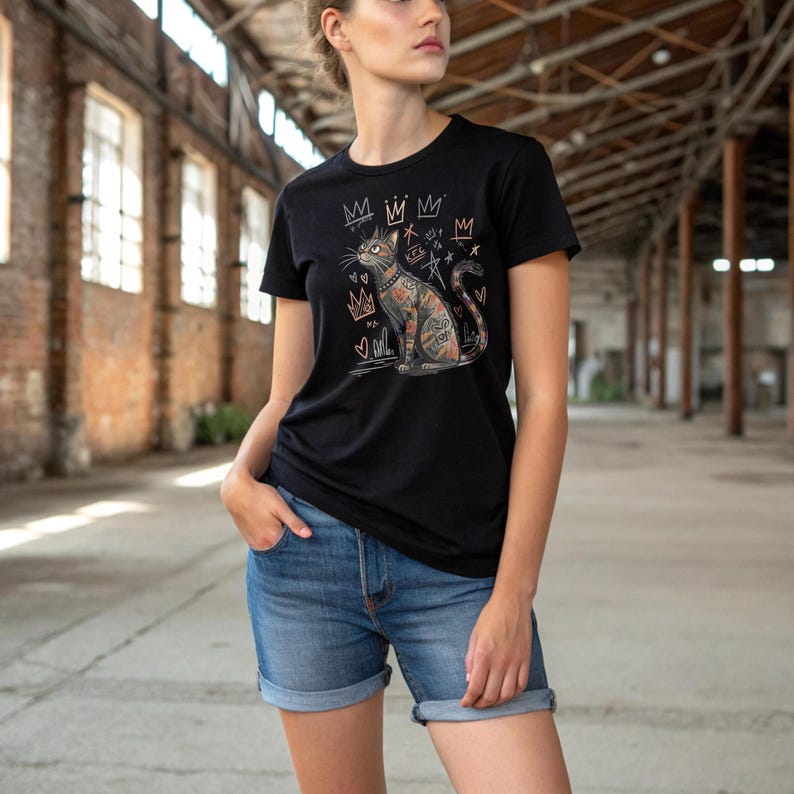 vibrant cat art, hand drawn cat sketch, floral cat shirt, artistic tee for cat lovers, cat fashion design