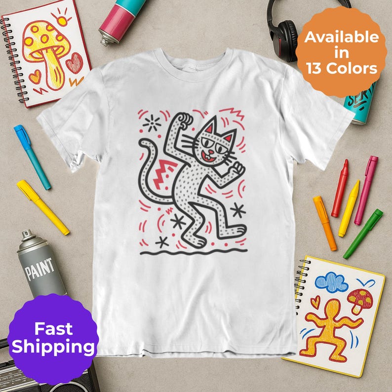 Keith haring inspired art shirt | Doodle style feline | artful cat T-shirt | urban cat tee image 3