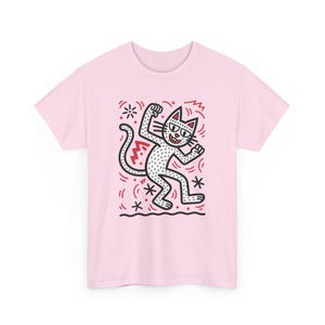 Keith haring inspired art shirt | Doodle style feline | artful cat T-shirt | urban cat tee Light Pink