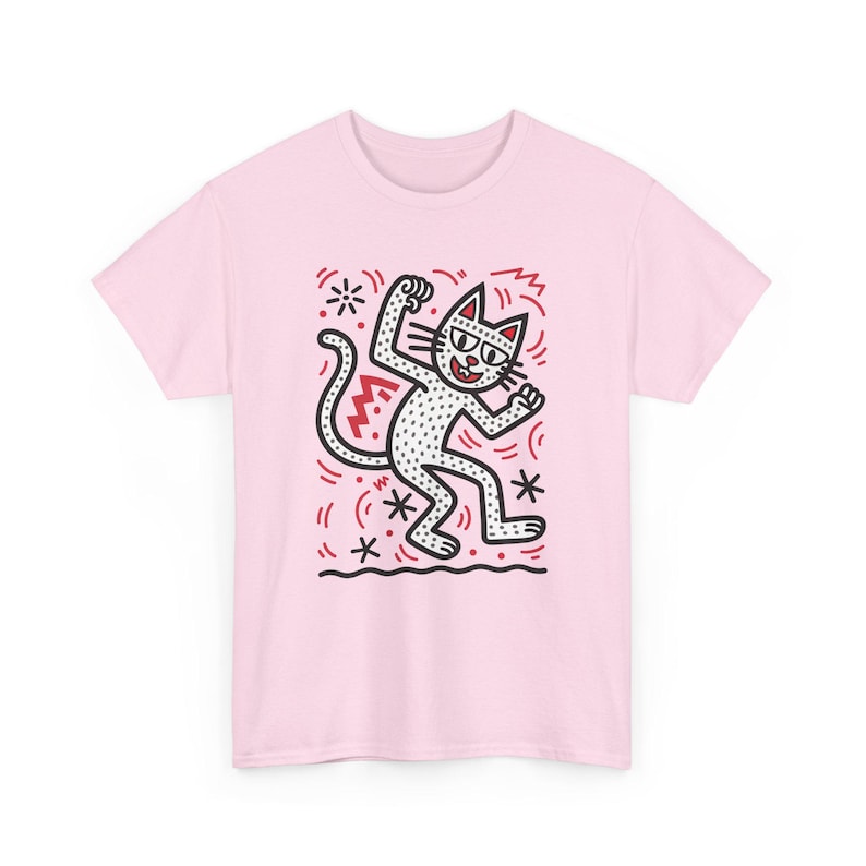 Keith haring inspired art shirt | Doodle style feline | artful cat T-shirt | urban cat tee Light Pink