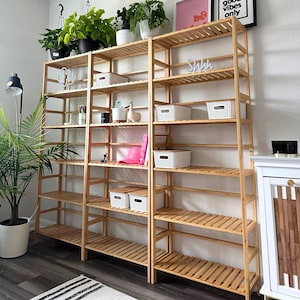 6 Tier Bamboo Ladder Bookshelf, Tall Narrow Bookcase, Natural Wood Storage Rack, Minimalist Plant Stand, Modern Eco-Friendly Shelving Unit