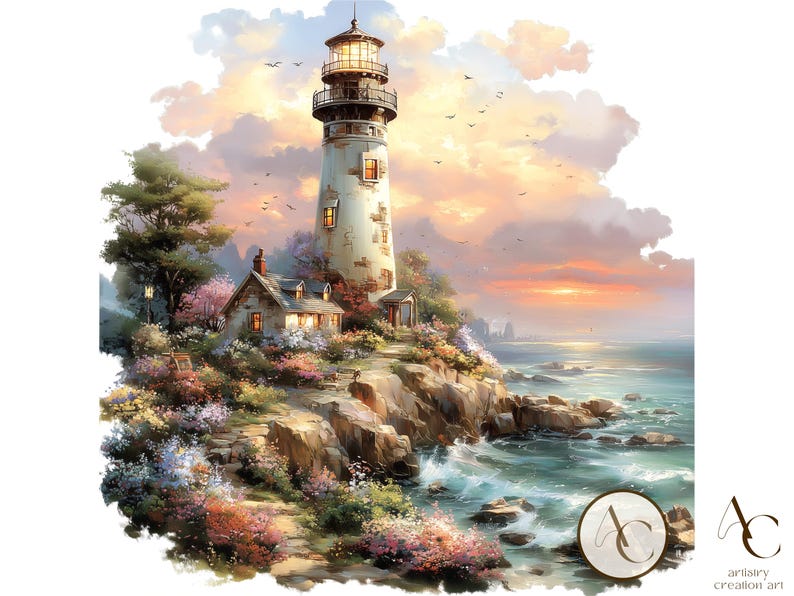 20 Watercolor Lighthouse Clipart, Light House Lover, Nautical Sea Waves ...