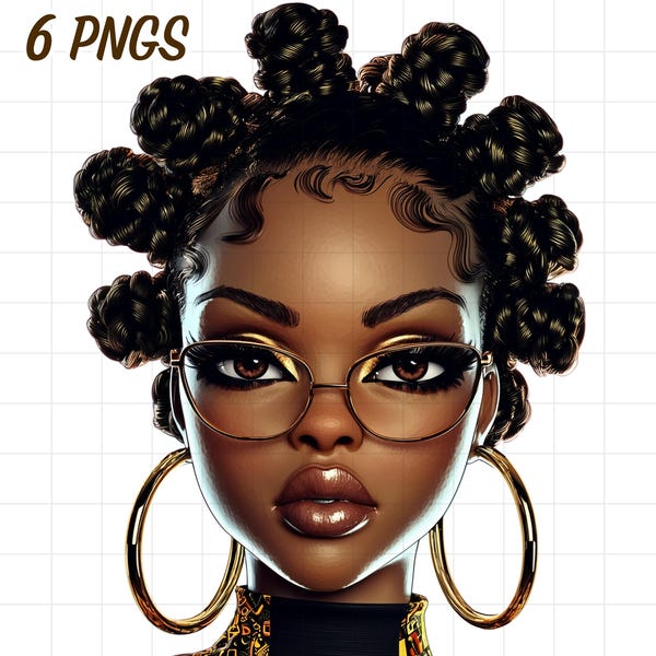 6 Black girl with bantu knots clipart, Afro hair woman PNG, African American women, Afrocentric braids hairstyle, Stylish melanin female