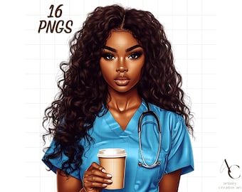 Pode incluir: Ilustração digital de uma mulher negra vestindo um uniforme médico azul, com um estetoscópio e uma xícara de café. A imagem inclui o texto "16 PNGs". O logotipo do artista está no canto inferior direito. A mulher tem cabelo escuro e encaracolado.