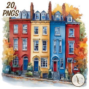 May include: A watercolour illustration of terraced houses in red, yellow, and blue, with matching doors and windows. The image includes the text "20 PNGS" and is surrounded by autumn foliage. The style is artistic and detailed.