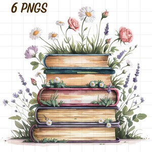 Può includere: Una pila di cinque libri con accenti floreali. I libri sono disposti in una pila, con il libro superiore che è il più grande e il libro inferiore che è il più piccolo. I libri sono decorati con fiori, foglie e viti. I fiori sono in tonalità di rosa, bianco e viola. Le foglie sono verdi e le viti sono marroni.