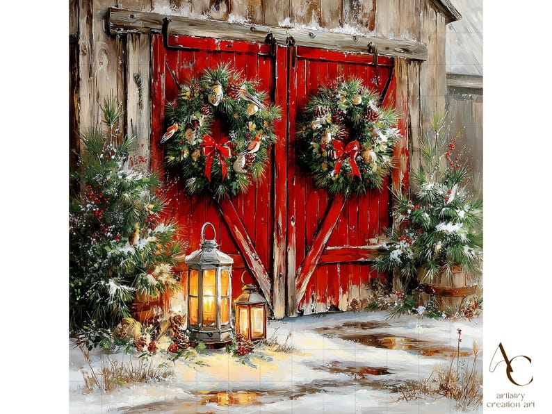 19 Christmas Barn Farm Scene JPG, Snowy Winter Clipart, Watercolor Xmas ...