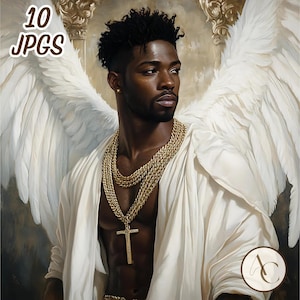 10 clipart di angeli afroamericani, uomo nero con spirito guardiano in formato jpg, uomini afro celestiali, ragazzo con melanina, uomo angelico spirituale, croce afrocentrica