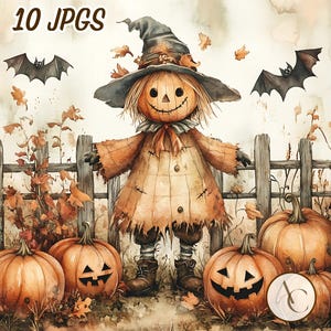 Könnte beinhalten: Aquarell-Illustration eines Vogelscheuchen-Kopfes mit Kürbiskopf, bekleidet mit einem karierten Mantel und Hut, vor einem Holzzaun stehend. Mehrere geschnitzte Kürbisse und Fledermäuse sind ebenfalls vorhanden. Der Text "10 JPGS" steht oben.