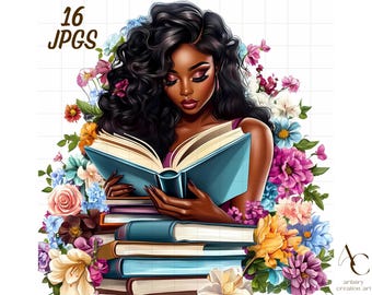 Puede incluir: Una mujer con el pelo largo y rizado oscuro está leyendo un libro. Está rodeada de flores coloridas. El libro está abierto y ella lo sostiene con ambas manos. Hay varios otros libros apilados debajo del libro abierto.