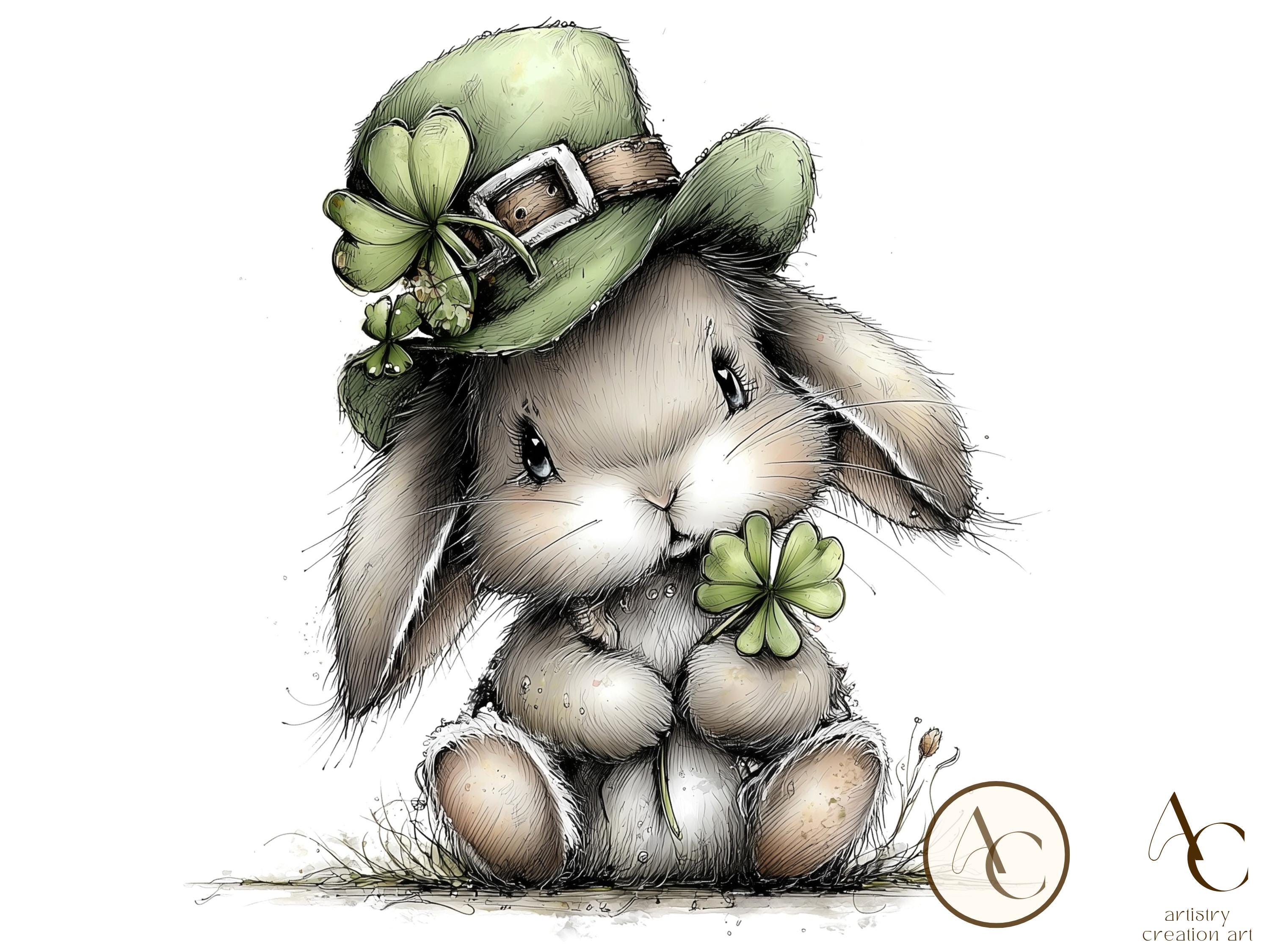 Shamrock Rabbit 20 St. Patrick’s Day Bunny Clipart, Watercolor Whimsical Rabbit JPG ...