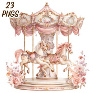 Pode incluir: Ilustração em aquarela de um carrossel com dois cavalos brancos, adornados com crinas e selas rosas. O carrossel apresenta um dossel rosa e creme, detalhes florais e o texto "23 PNGs".