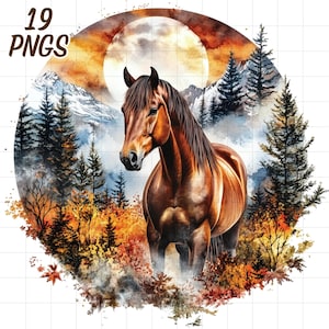 19 Brown horses clipart, Watercolor wild animal png, Nature mountain scenery, Country forest, Farm ranch landscape, Beautiful majestic