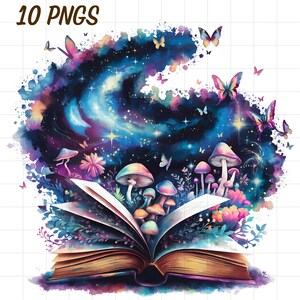 Può includere: Un libro aperto con un design di galassia sulle pagine. Il libro è circondato da fiori colorati, funghi e farfalle. L'immagine ha un'atmosfera fantastica e magica.