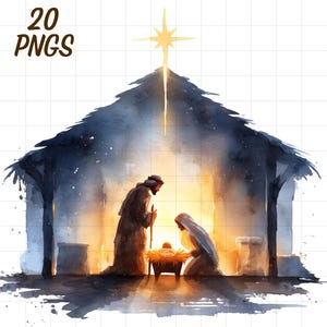 May include: Watercolor illustration of the Nativity scene. The image depicts Mary and Joseph kneeling before the baby Jesus in a manger, under a star. The image has a warm, inviting glow and the text "20 PNGs".