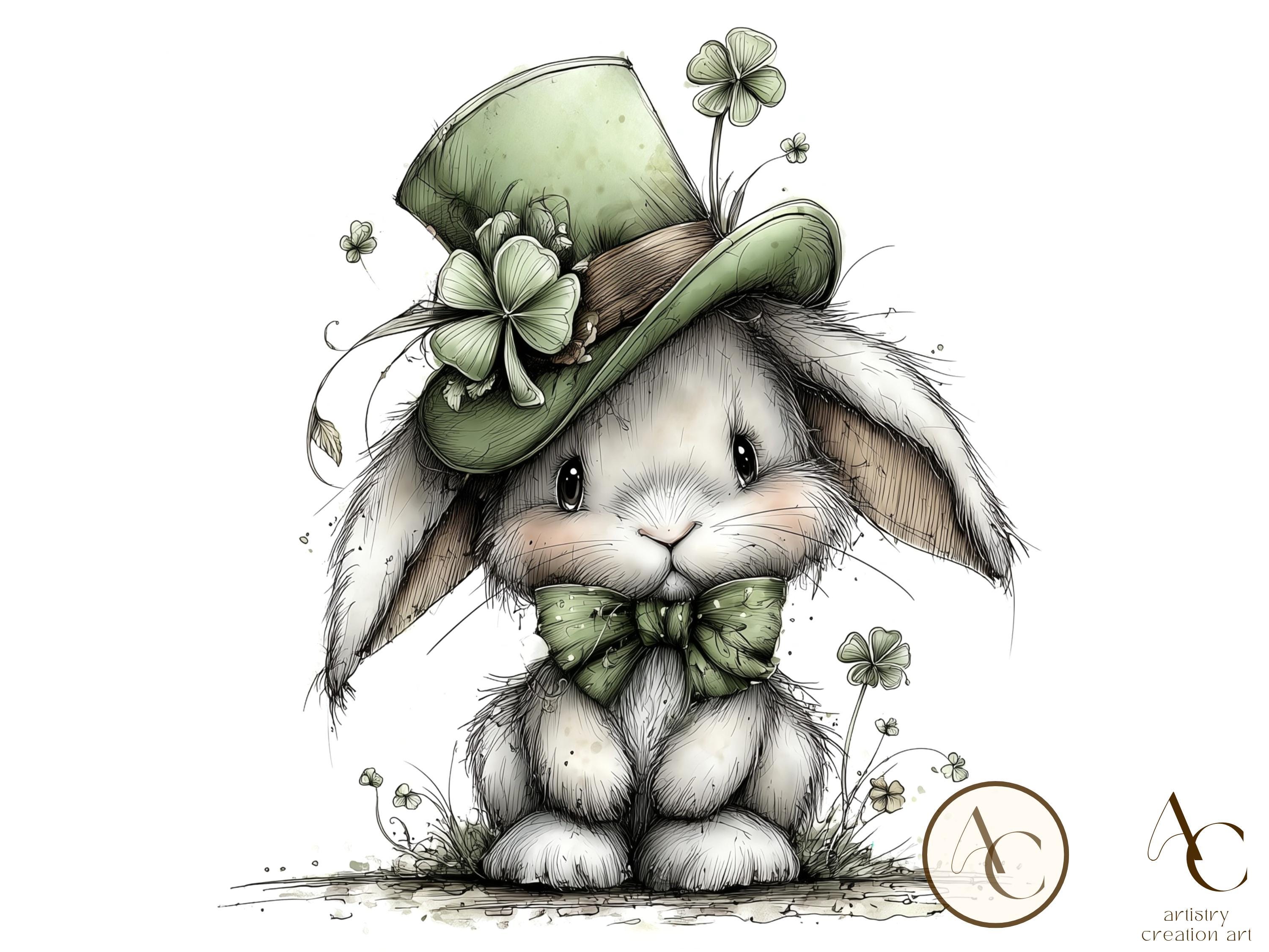Shamrock Rabbit 20 St. Patrick’s Day Bunny Clipart, Watercolor Whimsical Rabbit JPG ...