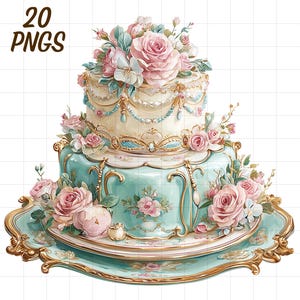 May include: A watercolour illustration of a two-tiered cake with a teal base and ivory top, decorated with pink roses and gold accents. The cake sits on a matching teal and gold serving tray. The image includes the text "20 PNGS".