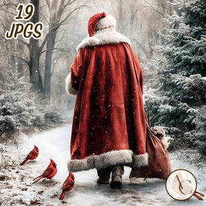 May include: Digital art of Santa Claus walking through a snowy forest, carrying a sack. He wears a red coat with white fur trim and a matching hat. Three red cardinals are perched on the snow-covered ground. The image includes the text "19 JPGS".