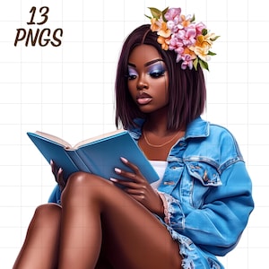 13 imágenes prediseñadas de niña negra leyendo, mujeres lectoras png, magia de mujer afro, amante de los libros, afroamericana, amante de los libros, ratón de biblioteca con melanina, mujer con estilo