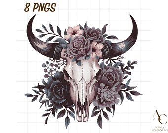 8 Gothic bull skull clipart, Western cow skulls png, Botanical cowgirl design, Wild west rodeo theme, Goth moody floral, Howdy gloomy flower
