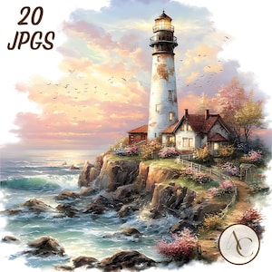 Puede incluir: Una pintura digital de un faro en un acantilado con vistas al océano. El faro es blanco con la parte superior negra, y hay una pequeña casa al lado. El cielo está lleno de nubes rosas y naranjas, y el agua es azul oscuro. El texto "20 JPGs" está en la esquina superior izquierda.