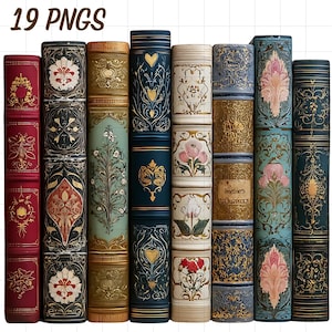 Può includere: Una collezione di 19 PNG di dorsi di libri decorativi. I dorsi sono in vari colori, tra cui rosso, verde acqua e blu navy, con disegni floreali e ornati dorati e bianchi. Il testo "19 PNGS" è in alto.