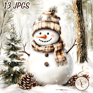 13 Christmas snowman JPG, Snowy winter clipart, Watercolor xmas day, Snow festive scenery landscape, Vintage forest, Holiday background