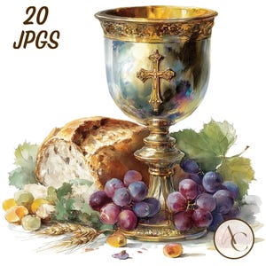 Può includere: Illustrazione ad acquerello di un calice dorato con una croce, pane, uva e grano. Il calice è argentato con dettagli dorati. L'immagine include il testo "20 JPGS" e il logo dell'artista. Tema religioso.