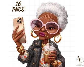 May include: Digital illustration of an elderly woman taking a selfie with a gold phone. She wears pink sunglasses, gold jewelry, and a black jacket. She holds a drink with a straw. The image includes the text "16 PNGs".