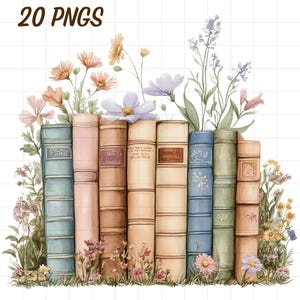 Può includere: Un'illustrazione ad acquerello di una pila di libri vintage con accenti floreali. I libri sono disposti in fila e hanno colori e disegni diversi. I fiori sono in tonalità di rosa, viola e blu.